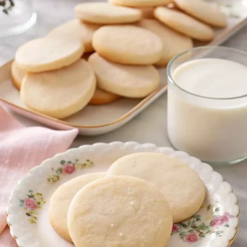 Soft sugar cookies on a floral plate with a glass of milk and a stack of cookies in the background.