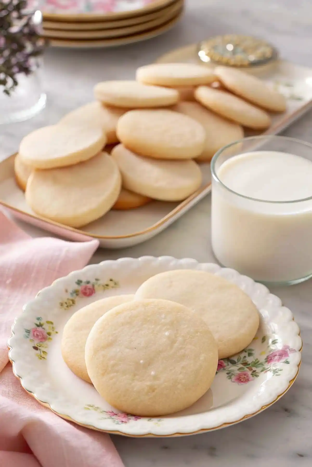 Soft sugar cookies on a floral plate with a glass of milk and a stack of cookies in the background.
