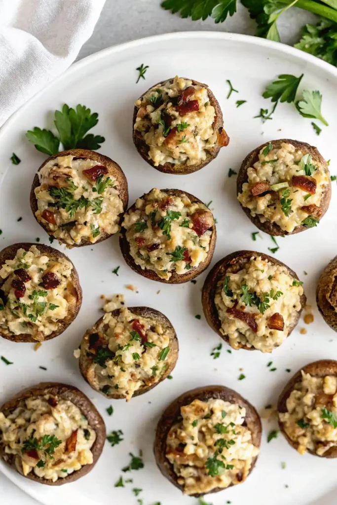 Top-down view of stuffed mushrooms filled with creamy cheese, herbs, and crispy bits, garnished with fresh parsley on a white serving plate.