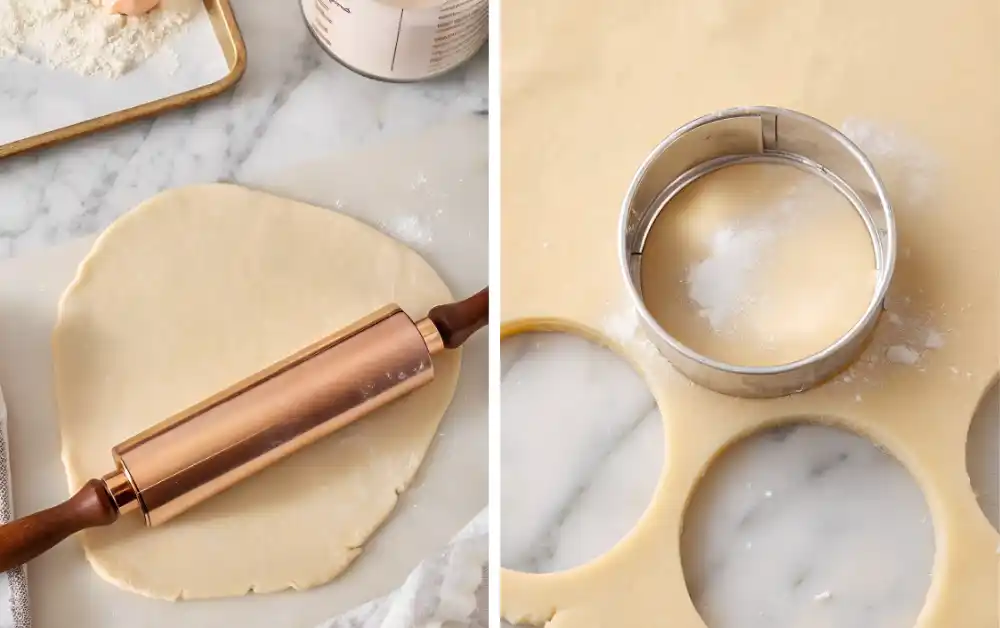 Side-by-side images of sugar cookie dough being rolled out and cut with a round cutter on a marble surface.