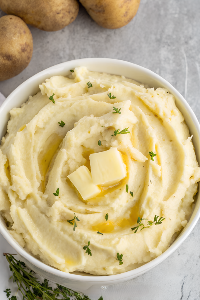 Easy mashed potatoes in a white bowl topped with melting butter and fresh herbs, with whole potatoes in the background