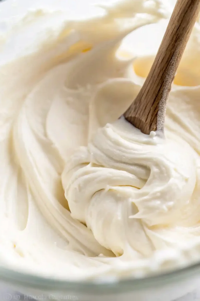 Smooth vanilla buttercream frosting being stirred with a wooden spoon in a glass bowl