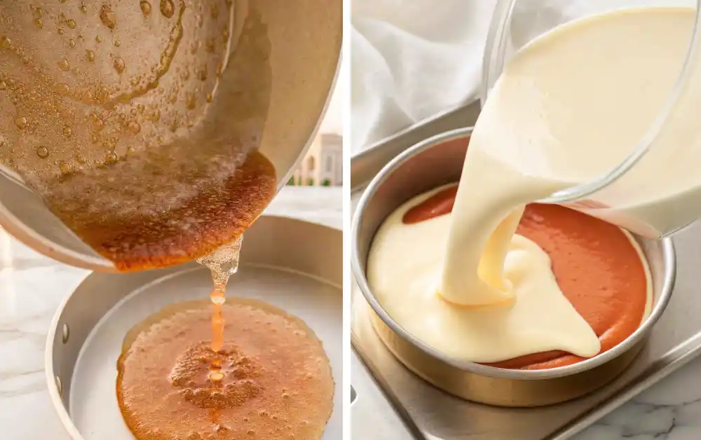 Side-by-side images of melted sugar being poured into a pan and flan custard being added over caramel.