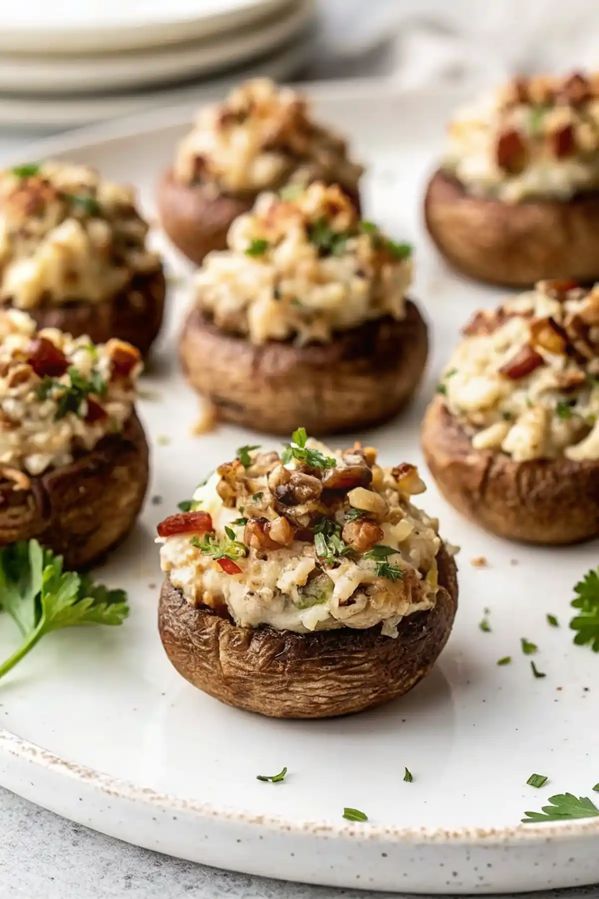 Close-up of a vegetarian stuffed mushroom topped with creamy filling, chopped nuts, and fresh parsley on a white plate.