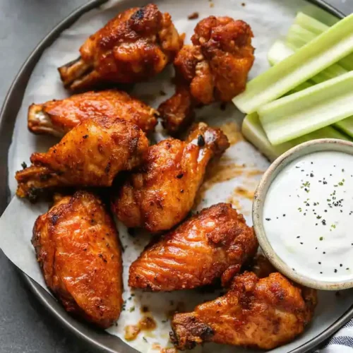 Crispy baked chicken wings on a plate with celery sticks and ranch dressing