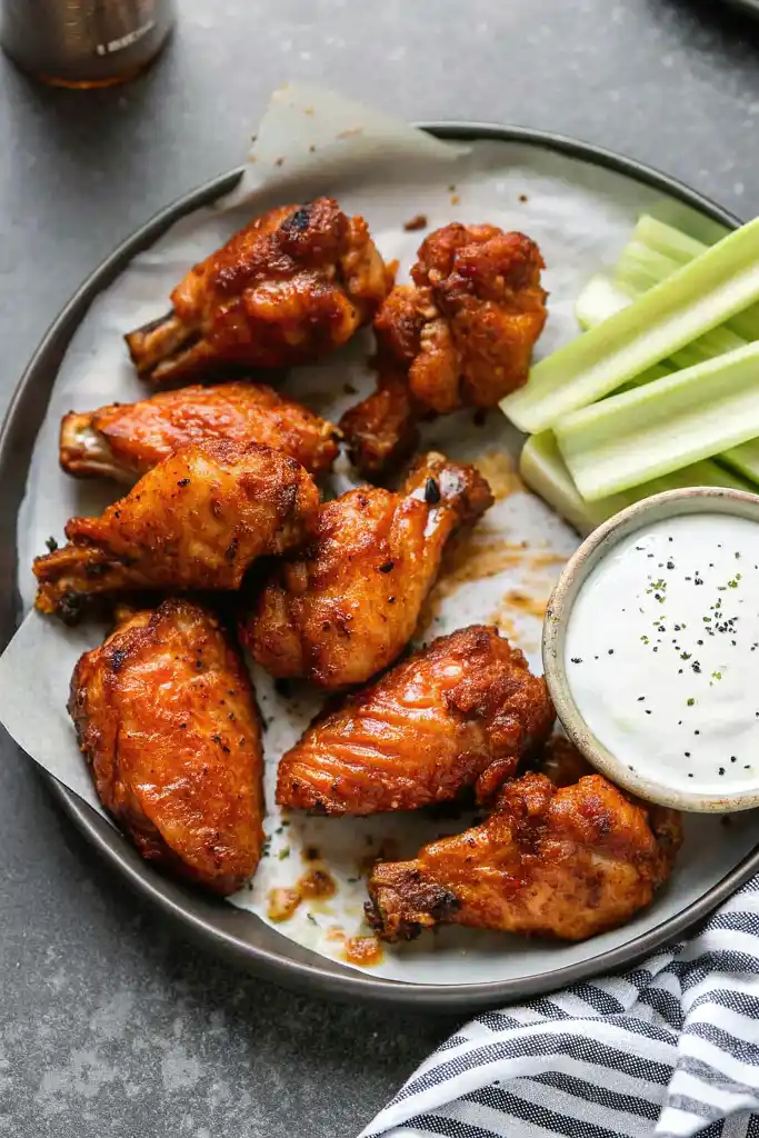 Crispy baked chicken wings on a plate with celery sticks and ranch dressing