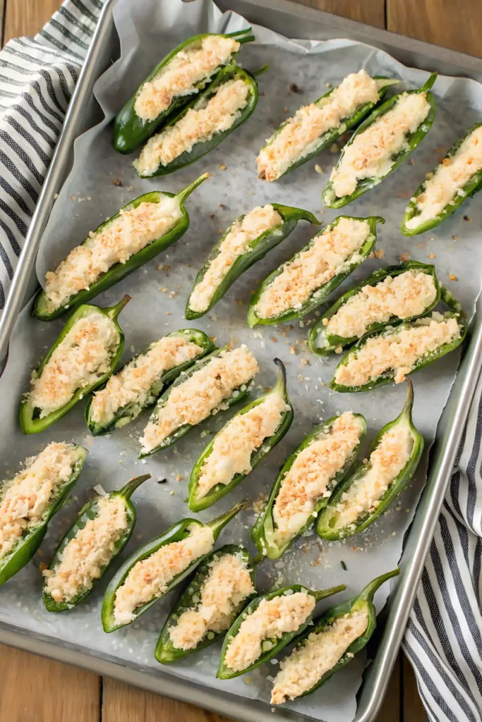 Unbaked jalapeño poppers filled with cream cheese and topped with seasoned breadcrumbs arranged on a parchment-lined baking sheet.