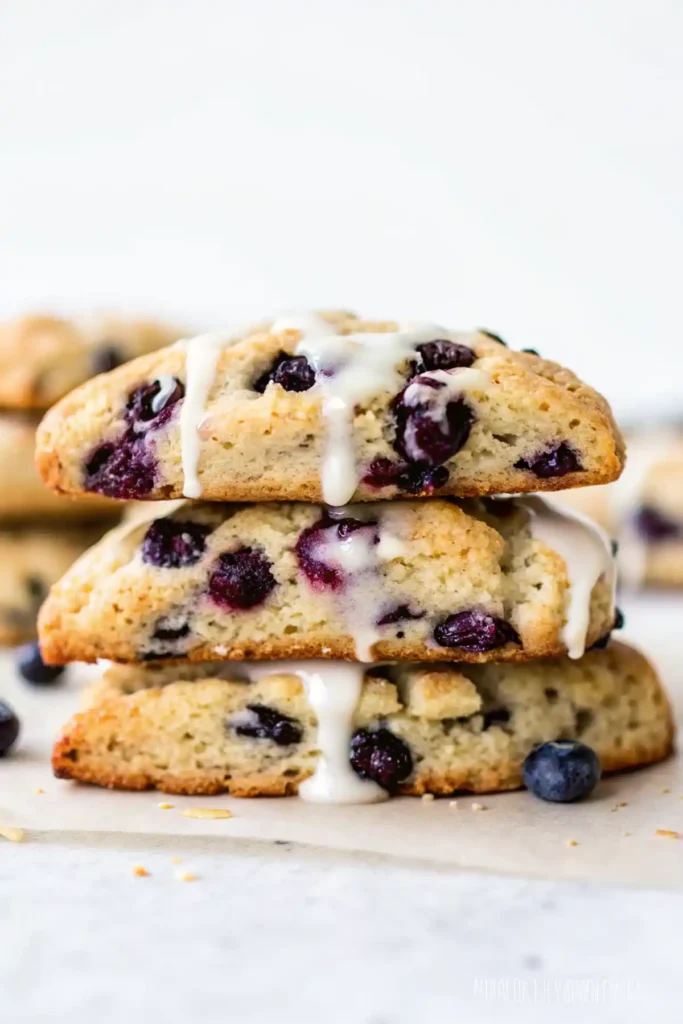 Stack of blueberry scones with vanilla icing drizzle on parchment