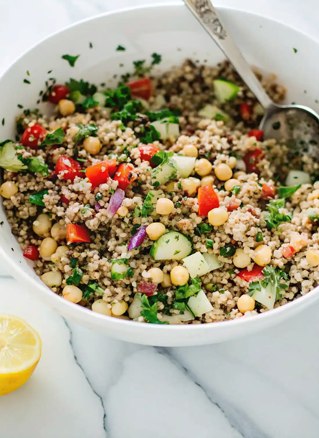 Bowl of chickpea quinoa salad with cucumber, red bell pepper, red onion, and parsley on a marble counter.