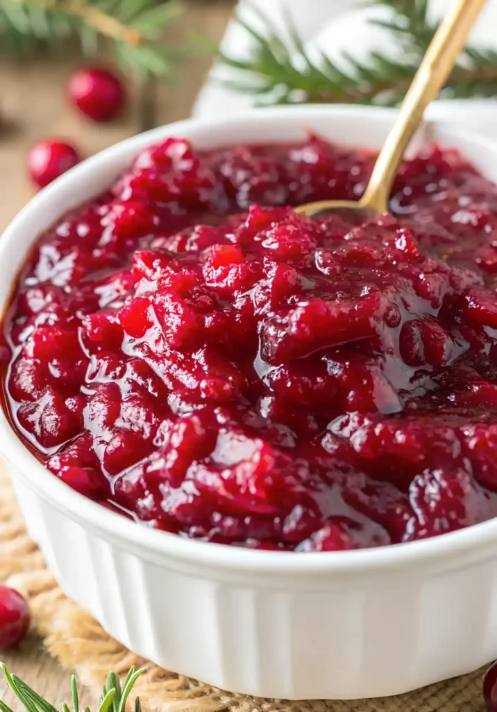 Close-up of thick homemade cranberry sauce in a white bowl with a gold spoon, perfect for holiday meals.