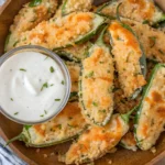 Crispy baked cream cheese jalapeño poppers topped with golden Panko breadcrumbs served with a side of ranch dipping sauce in a wooden bowl.
