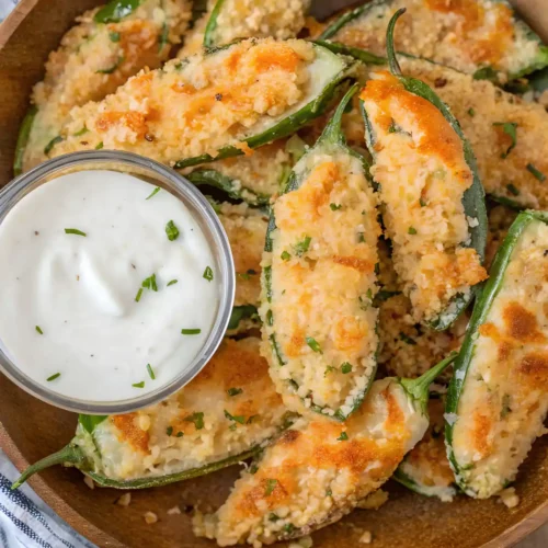 Crispy baked cream cheese jalapeño poppers topped with golden Panko breadcrumbs served with a side of ranch dipping sauce in a wooden bowl.