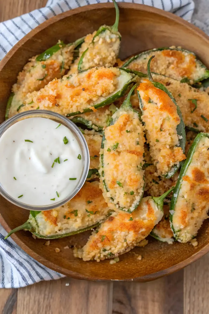 Crispy baked cream cheese jalapeño poppers topped with golden Panko breadcrumbs served with a side of ranch dipping sauce in a wooden bowl.