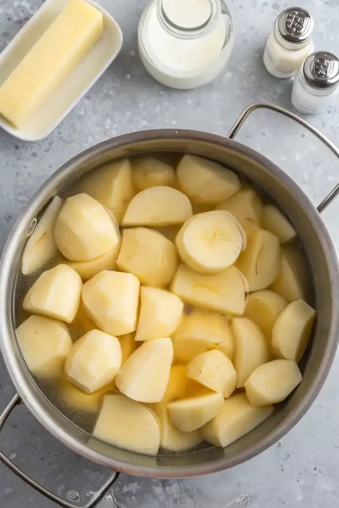 Peeled and chopped potatoes in a pot of water, with butter, cream, salt, and pepper nearby for creamy mashed potatoes