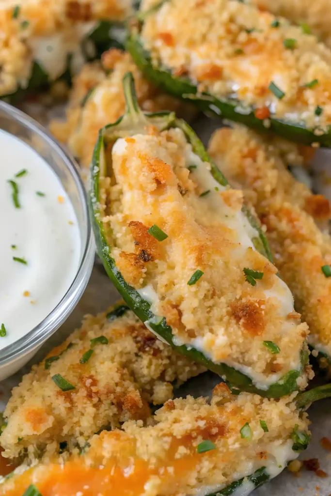 Close-up of crispy jalapeño poppers filled with melted cream cheese and topped with golden Panko crumbs, served with ranch dipping sauce.