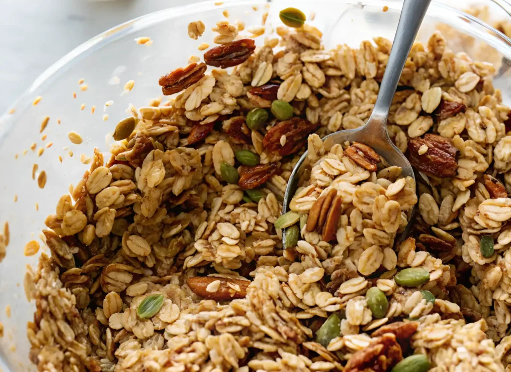 Homemade granola mixture in a glass bowl with oats, pecans, and pumpkin seeds being stirred with a metal spoon.