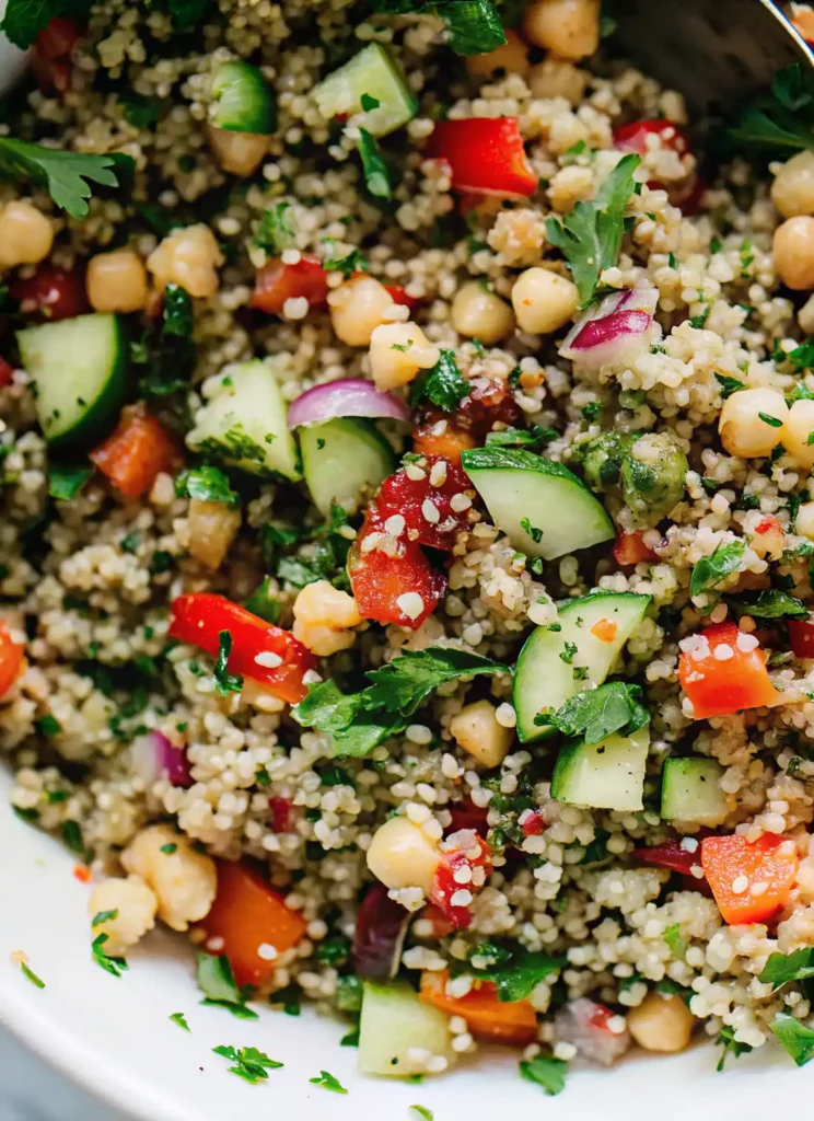 Close-up of easy quinoa salad with chickpeas, cucumbers, red onion, bell pepper, and fresh parsley in a white bowl.