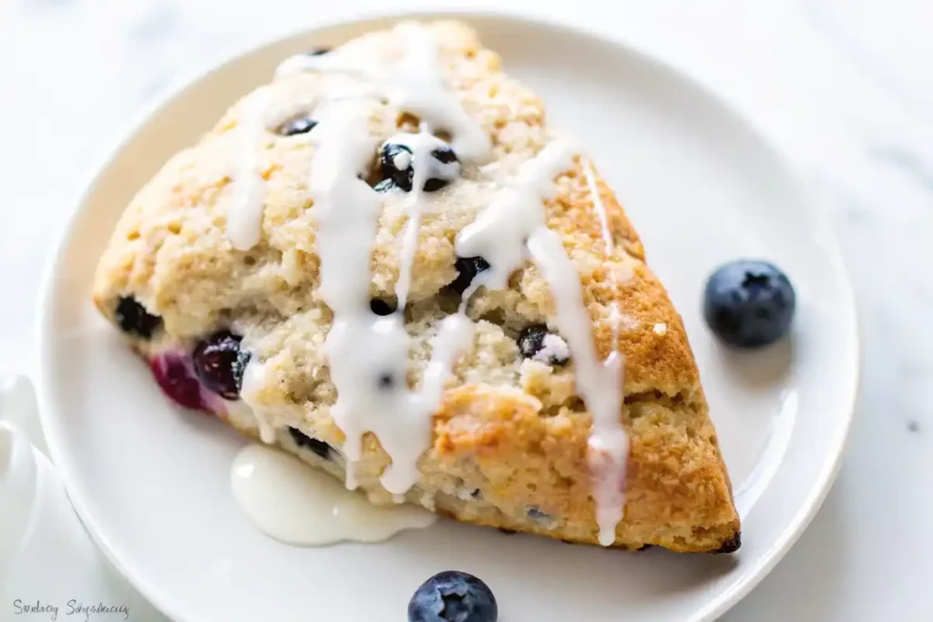 Golden blueberry scone drizzled with vanilla glaze on a white plate