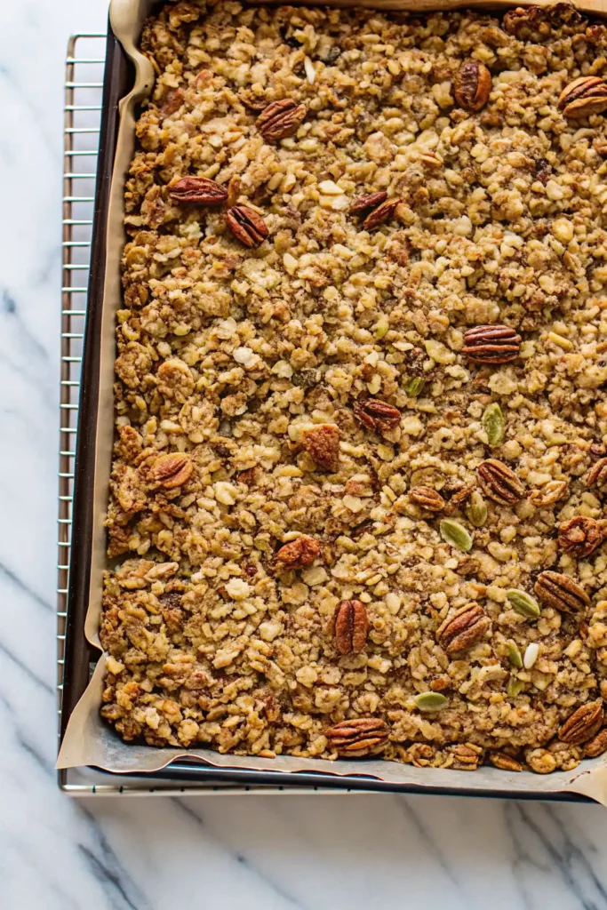 Sheet pan of freshly baked granola with pecans and pumpkin seeds cooling on a wire rack.