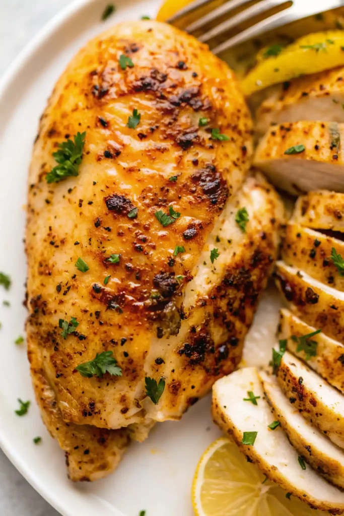 Close-up of sliced healthy air fryer chicken breast with a golden crust, garnished with parsley and served with lemon wedges.