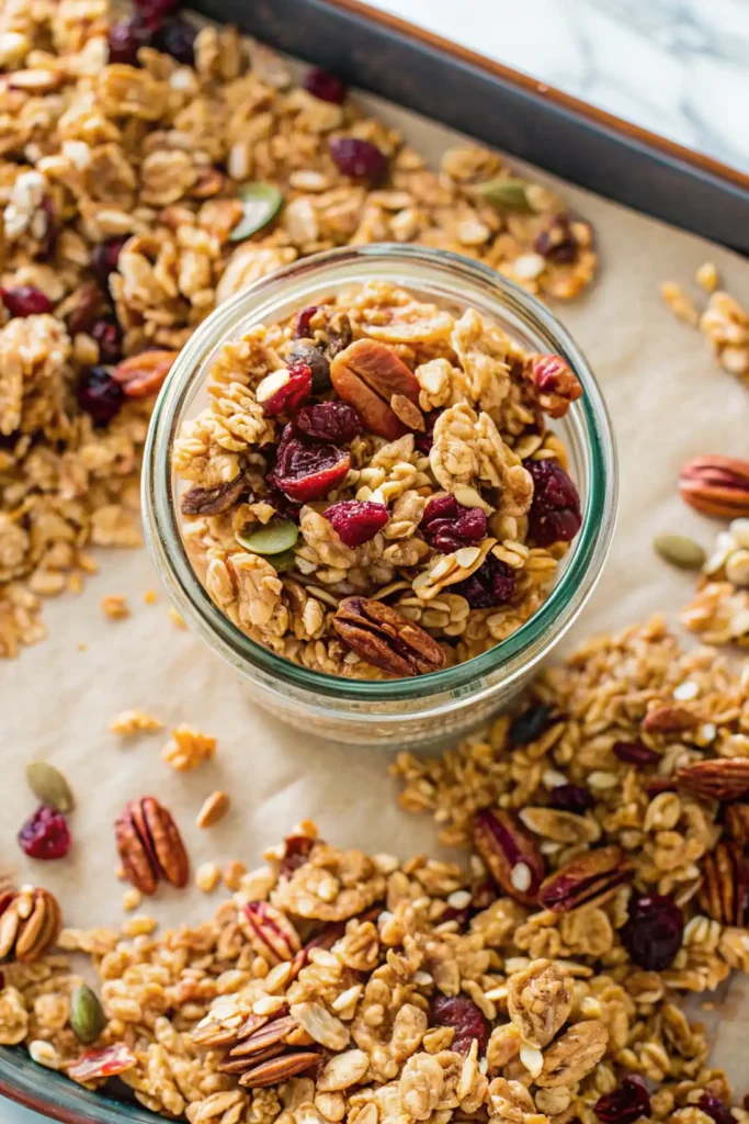 Glass jar filled with chunky healthy granola, surrounded by scattered oats, pecans, and dried cranberries on a parchment-lined baking tray.