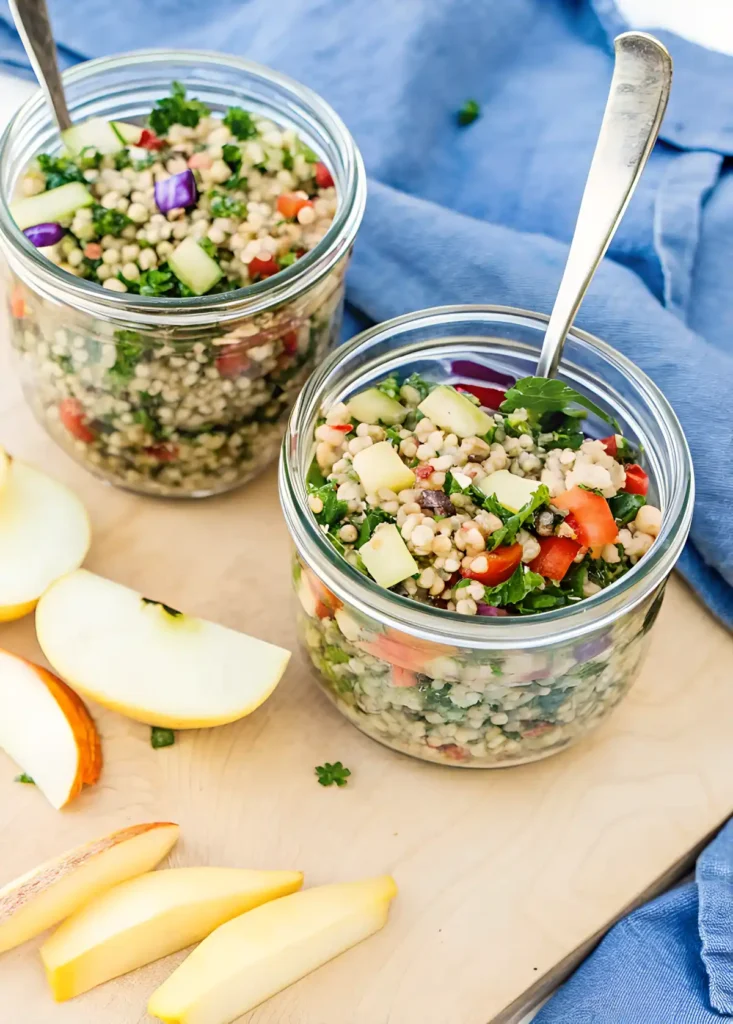 Glass jars filled with healthy quinoa salad and fresh vegetables, served with apple slices on a wooden board.