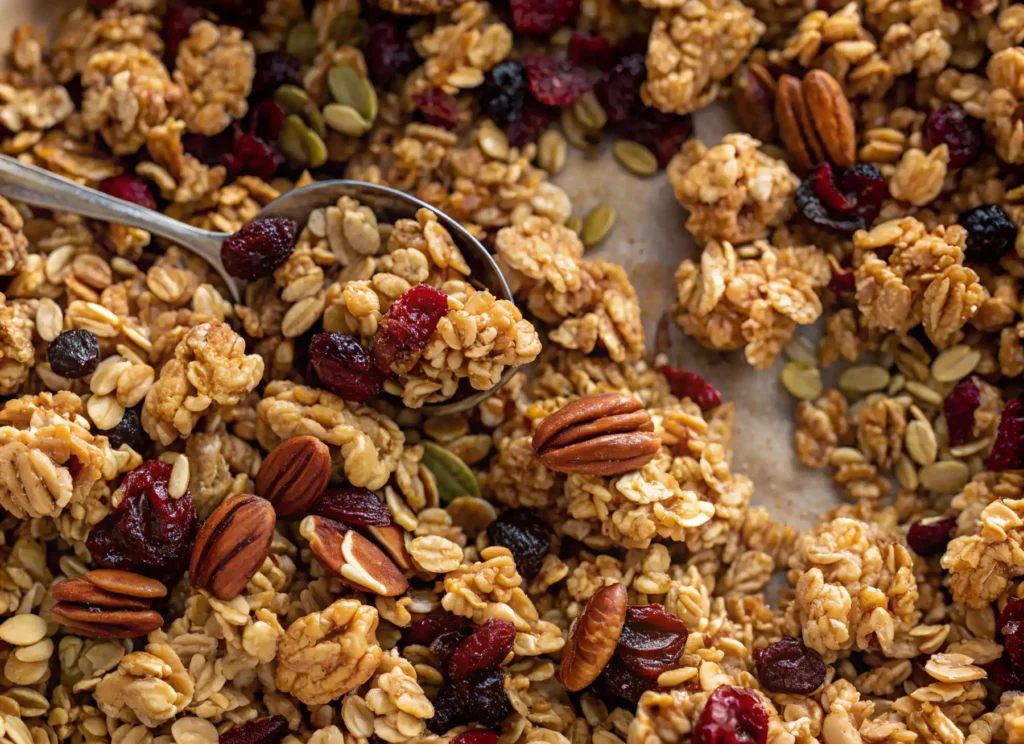 Close-up of homemade granola clusters with pecans, dried cranberries, and pumpkin seeds, with a spoon scooping a portion.