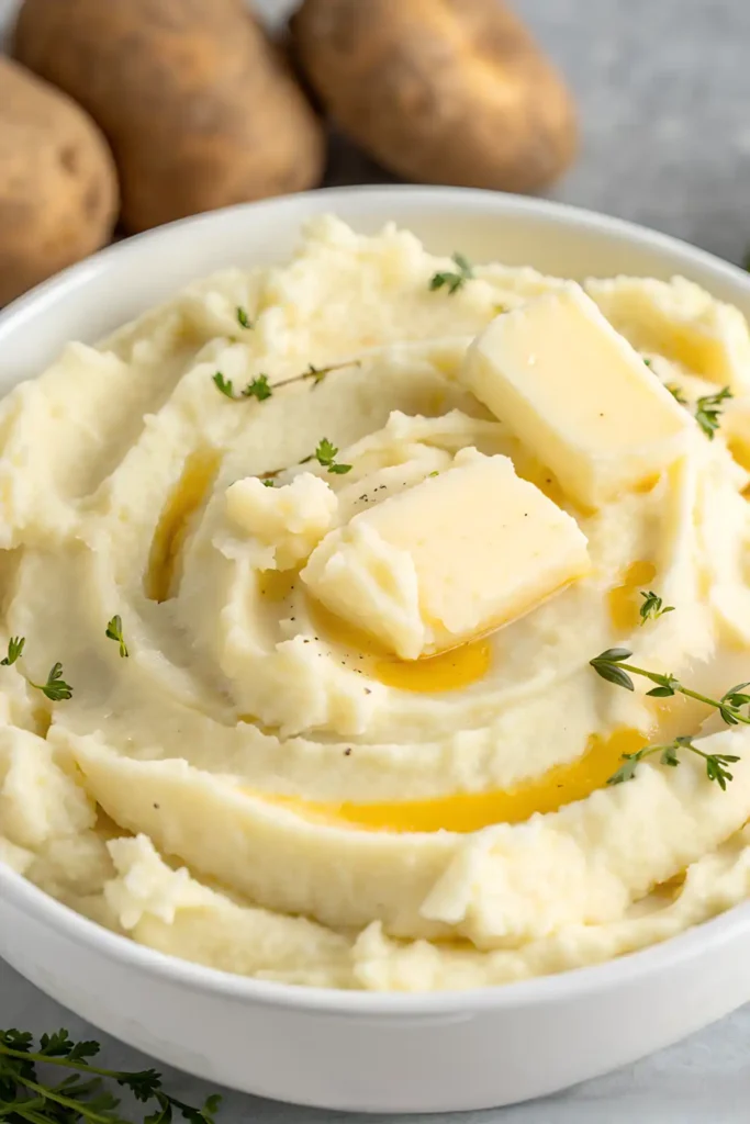 Creamy homemade mashed potatoes in a white bowl topped with melting butter and fresh thyme sprigs