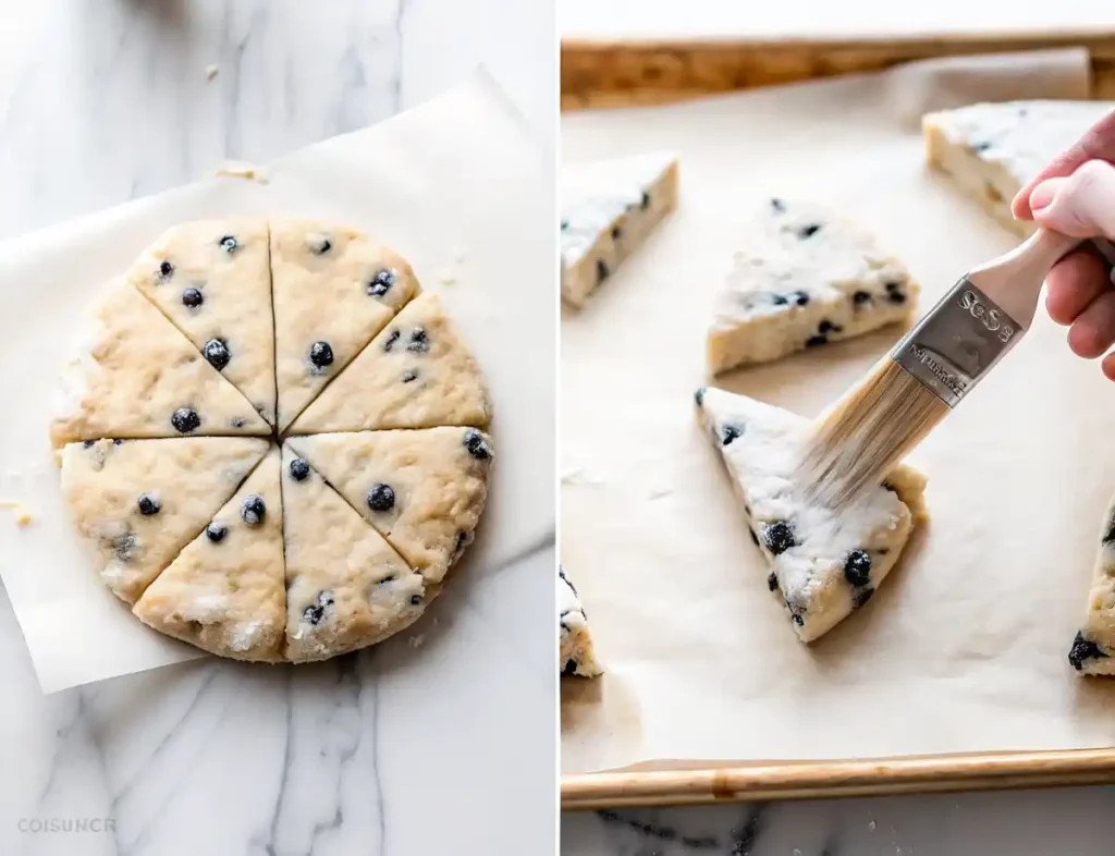 Unbaked blueberry scones cut into wedges and brushed with cream on baking tray
