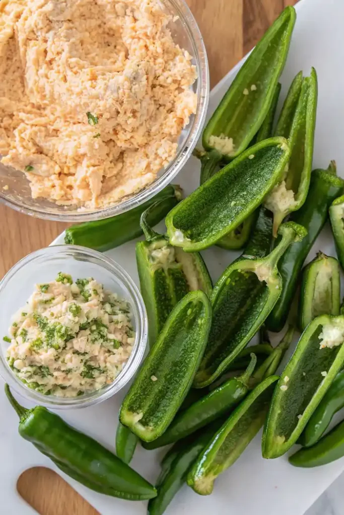 Fresh jalapeños sliced and deseeded on a cutting board with two bowls of cream cheese and breadcrumb filling for jalapeño poppers preparation.