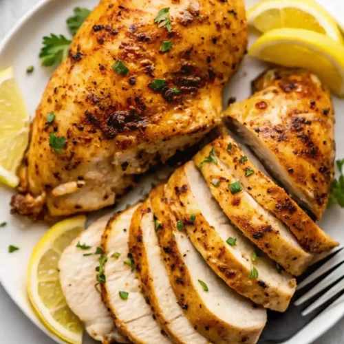 Sliced juicy air fryer chicken breast served on a white plate with lemon wedges and parsley garnish.