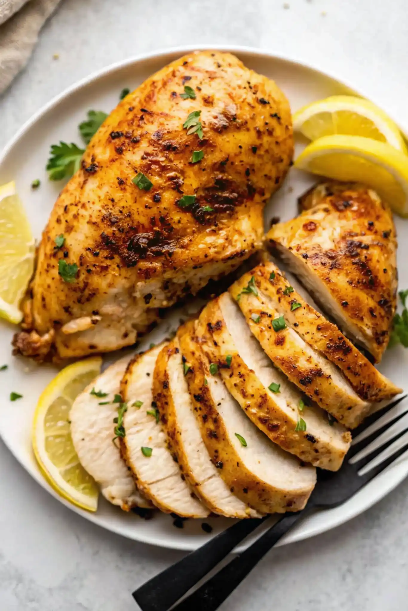 Sliced juicy air fryer chicken breast served on a white plate with lemon wedges and parsley garnish.