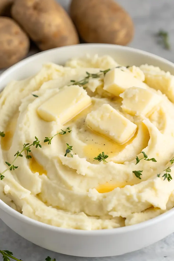 Mashed potatoes in a white bowl topped with butter and fresh thyme, served with whole potatoes in the background