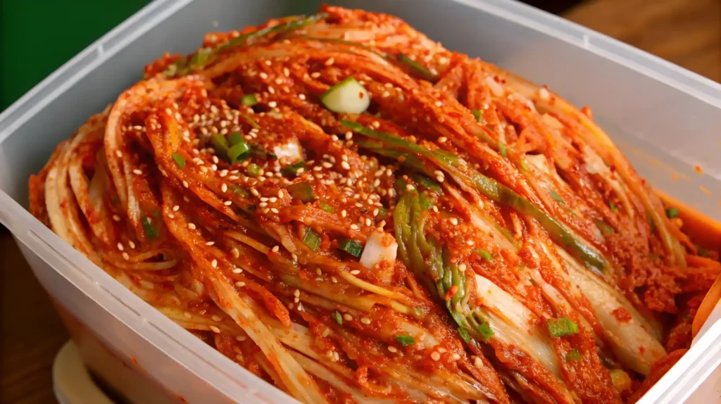 Whole napa cabbage kimchi packed in a plastic container, seasoned with red chili paste, green onions, and sprinkled with sesame seeds.