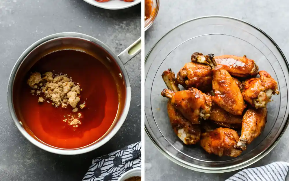 Side-by-side of Buffalo sauce in a saucepan and freshly baked chicken wings tossed in sauce in a glass bowl