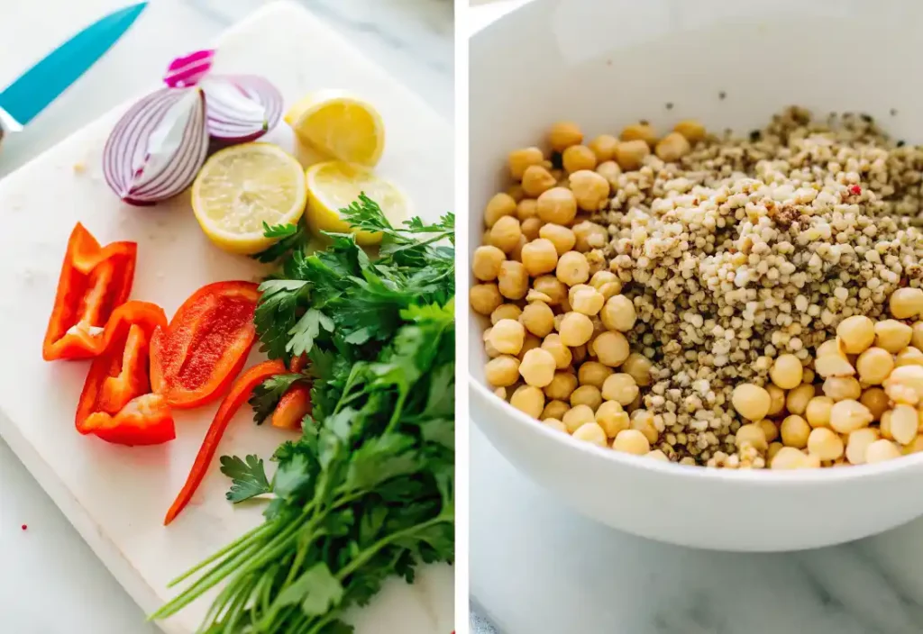 Fresh parsley, lemon, red onion, and bell pepper on a cutting board beside a bowl of cooked couscous and chickpeas.