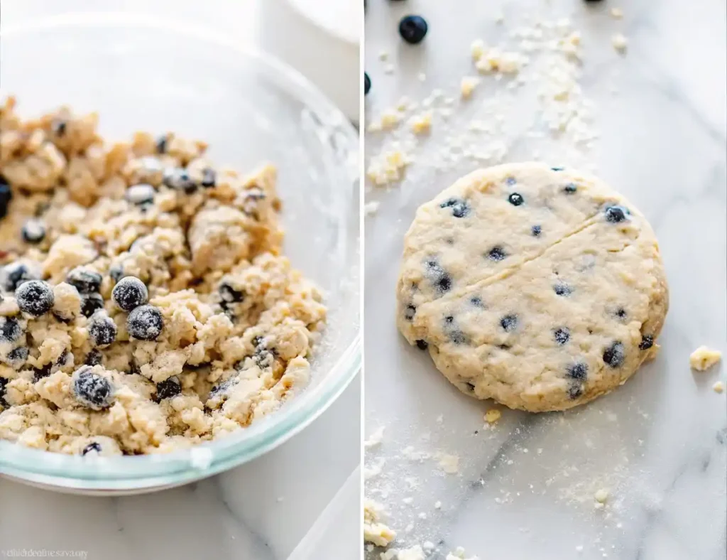 Blueberry scone dough in mixing bowl and shaped disc on floured surface
