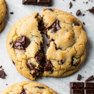Soft chocolate chip cookie broken in half with melted chocolate chunks inside