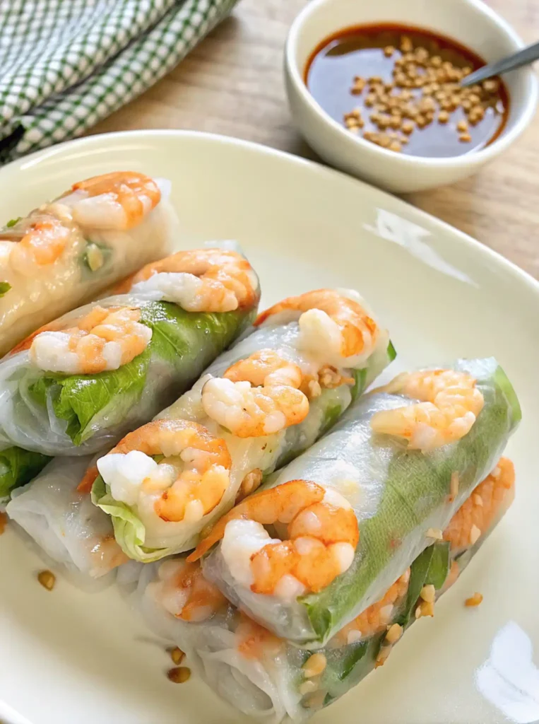 Shrimp spring rolls wrapped in rice paper with lettuce, herbs, and rice noodles, served with a bowl of sweet dipping sauce.