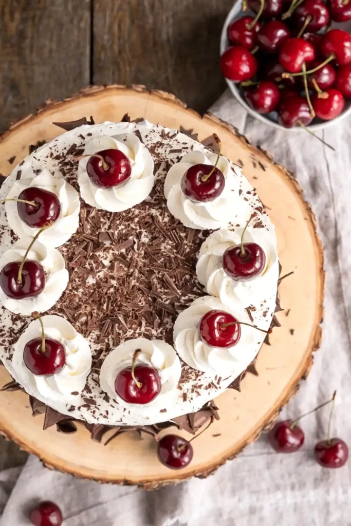 Authentic Black Forest Cake top view with whipped cream rosettes, fresh cherries, chocolate shavings, and dark chocolate shards on a wooden stand.