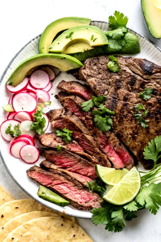 Authentic carne asada sliced on a plate with avocado, radishes, lime wedges, cilantro, and corn tortillas.