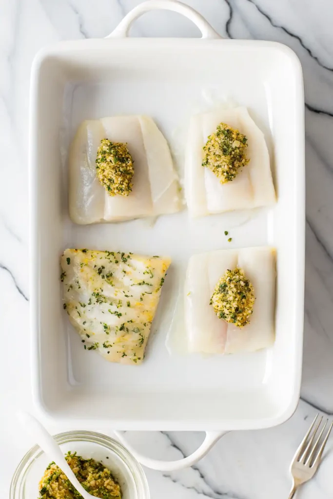 Raw cod fillets topped with garlic herb butter in a white baking dish on a marble surface.