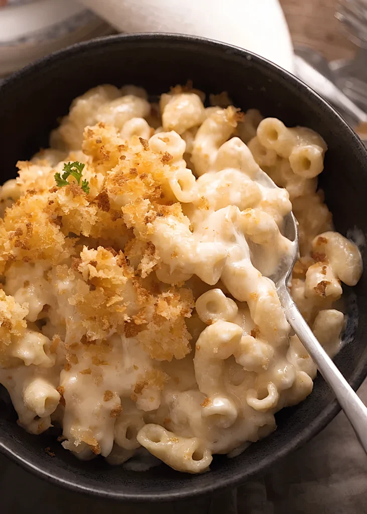 Creamy baked macaroni and cheese in a black bowl with golden crispy breadcrumb topping and a spoon scooping tender elbow pasta.