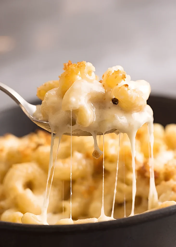Close up of baked macaroni and cheese with a spoon lifting creamy elbow pasta and long melted cheese strands dripping down.