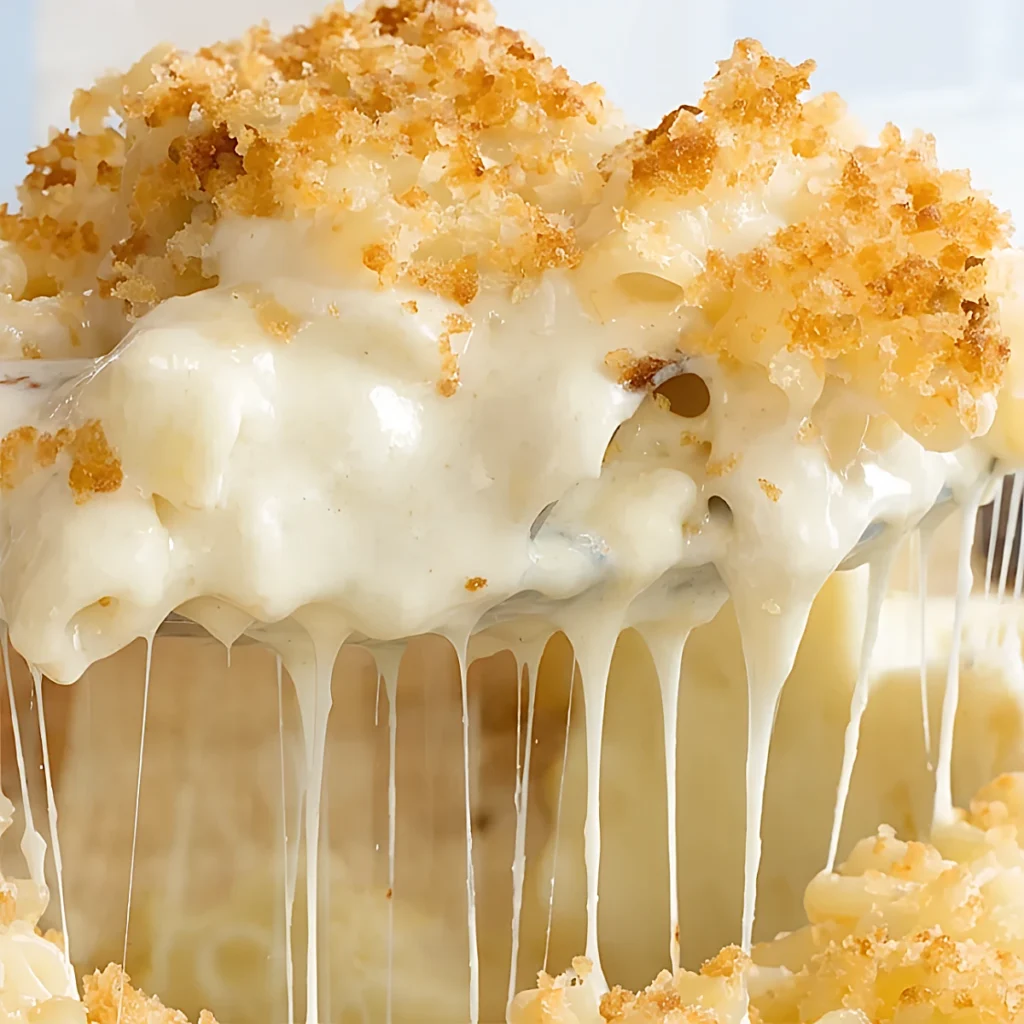 Close up of baked macaroni and cheese with dramatic cheese pull, creamy white sauce dripping from elbow pasta and topped with golden crispy breadcrumbs.