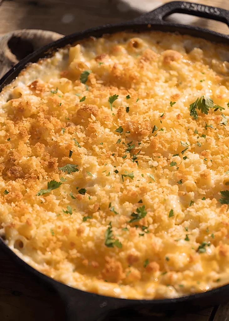 Baked macaroni and cheese in a cast iron skillet with golden crispy breadcrumb topping and fresh parsley garnish.