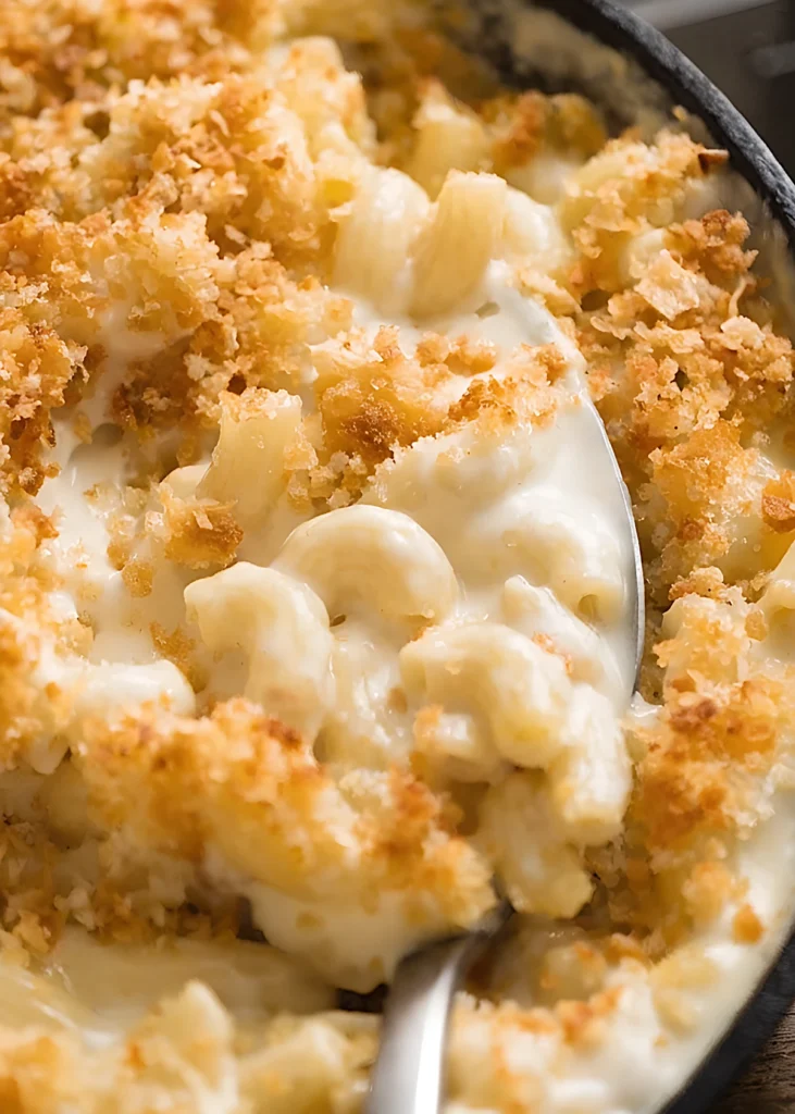 Close up of creamy baked macaroni and cheese with golden crispy breadcrumb topping and a spoon scooping rich cheese covered elbow pasta.