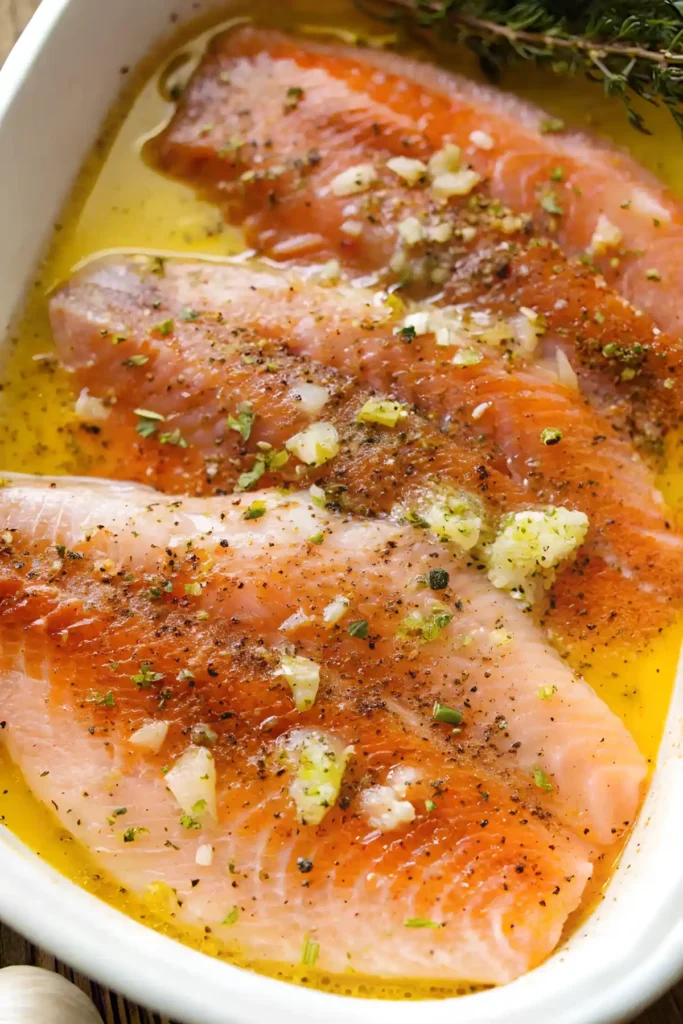 Raw baked tilapia fillets in lemon garlic butter sauce with minced garlic, black pepper, and fresh herbs in a white baking dish.