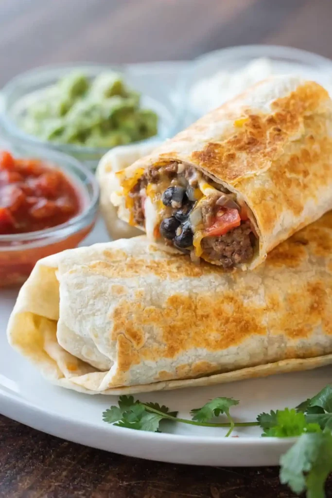 Crispy beef burritos on a white plate with seasoned ground beef, black beans, melted cheese, tomatoes, and onions, served with salsa and guacamole.