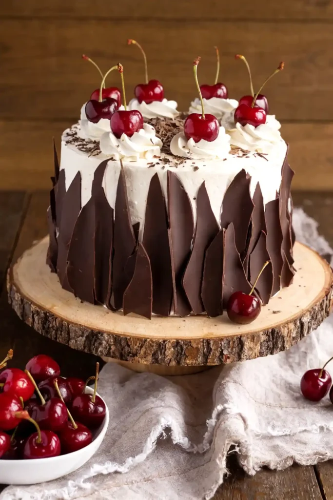 German Black Forest Cake with whipped cream frosting, fresh cherries, chocolate shavings, and dark chocolate shards on a rustic wooden stand.